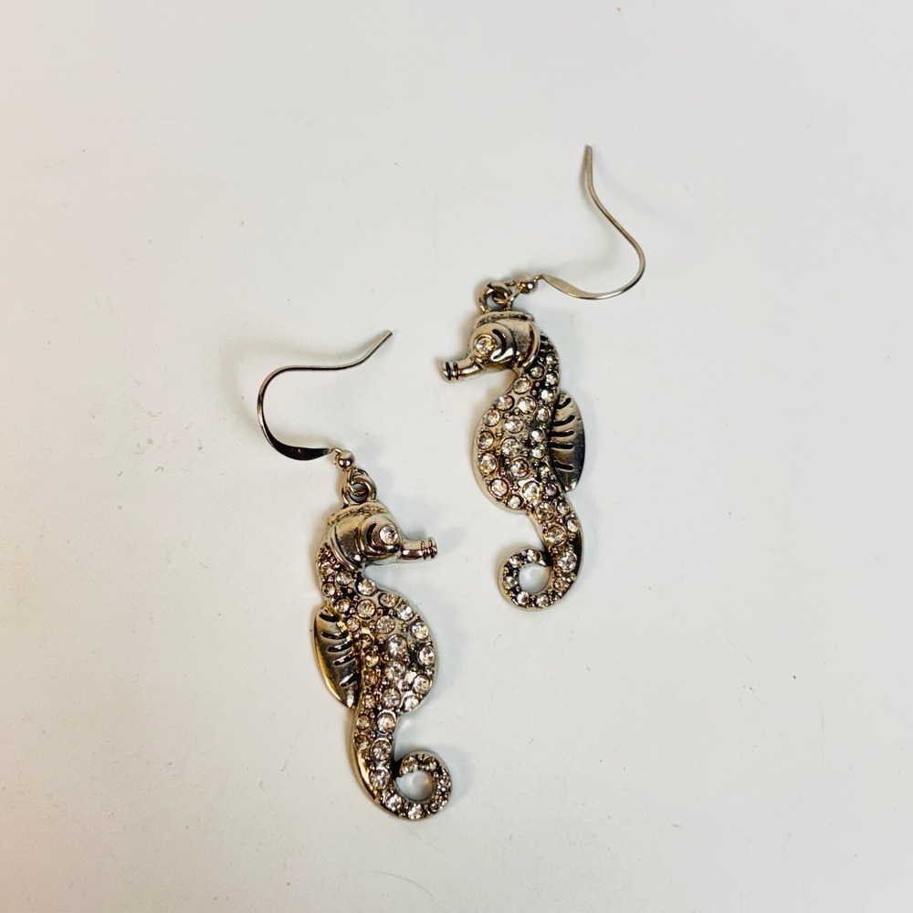 Seahorse Drop Earrings Silver Rhinestone Nautical Coastal Statement Boho Jewelry